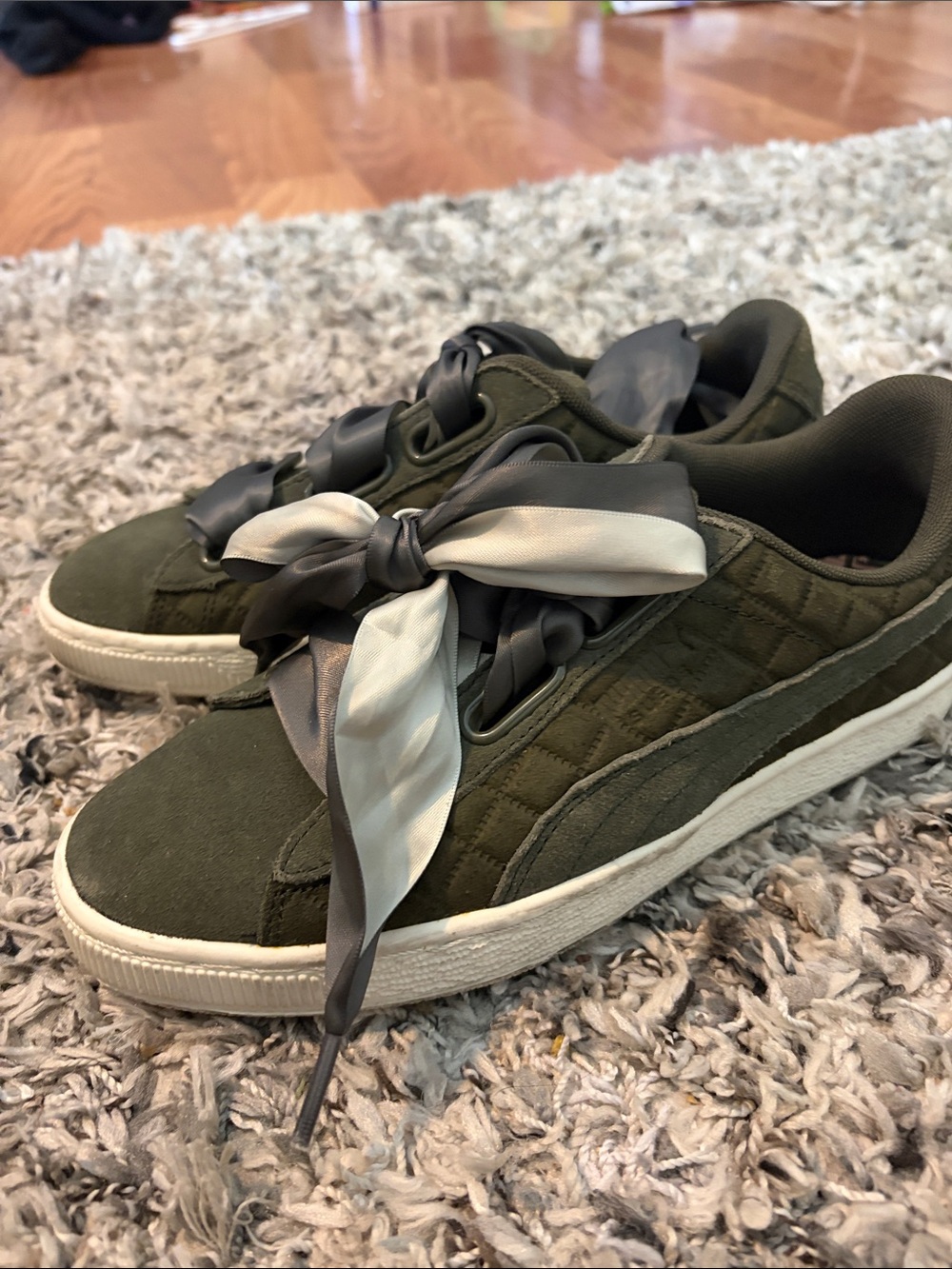Puma Olive Green Suede Sneakers with Two-Tone Satin Laces